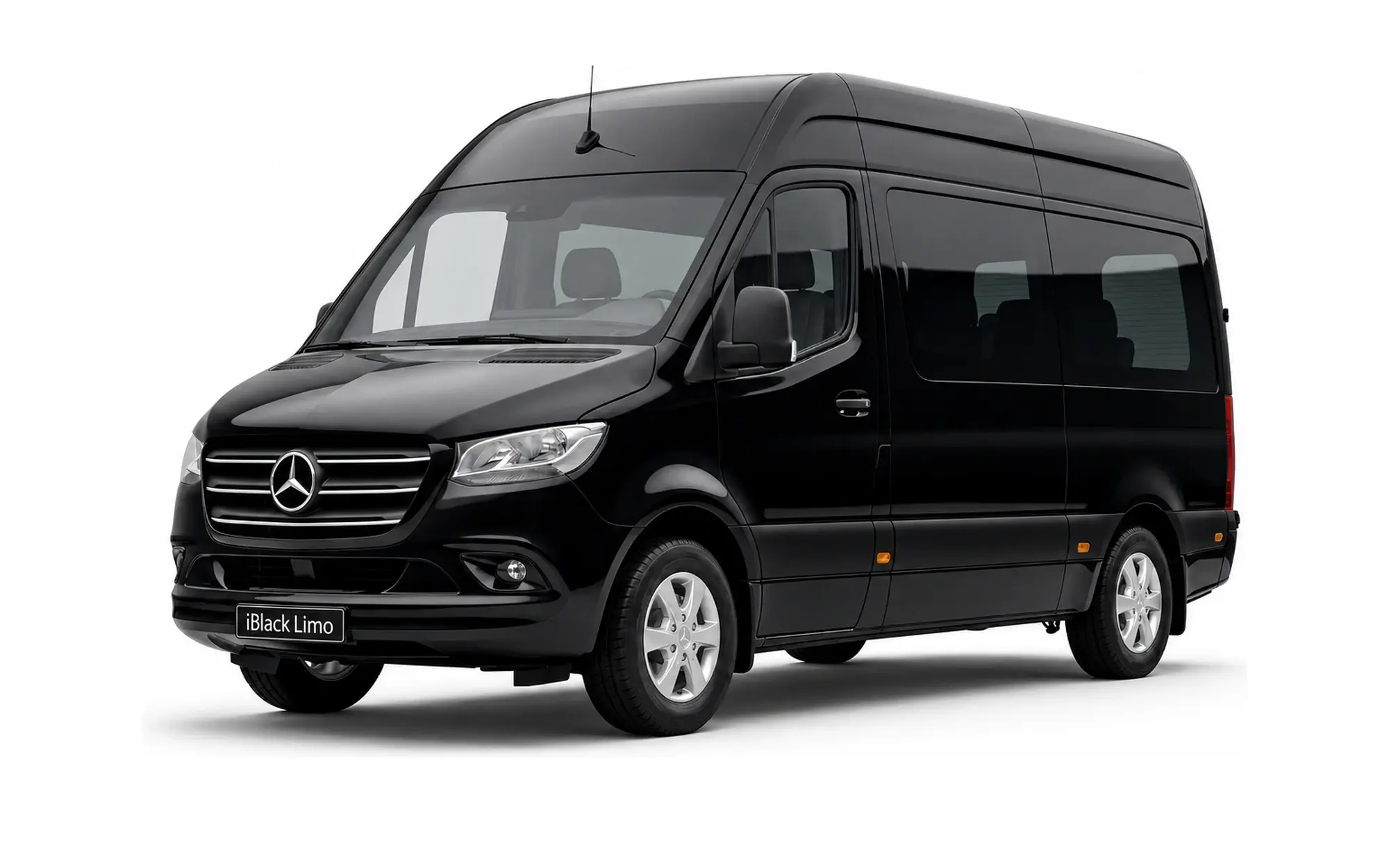 Black Mercedes-Benz Sprinter passenger van, front three-quarter studio view on white with iBlack Limo plate