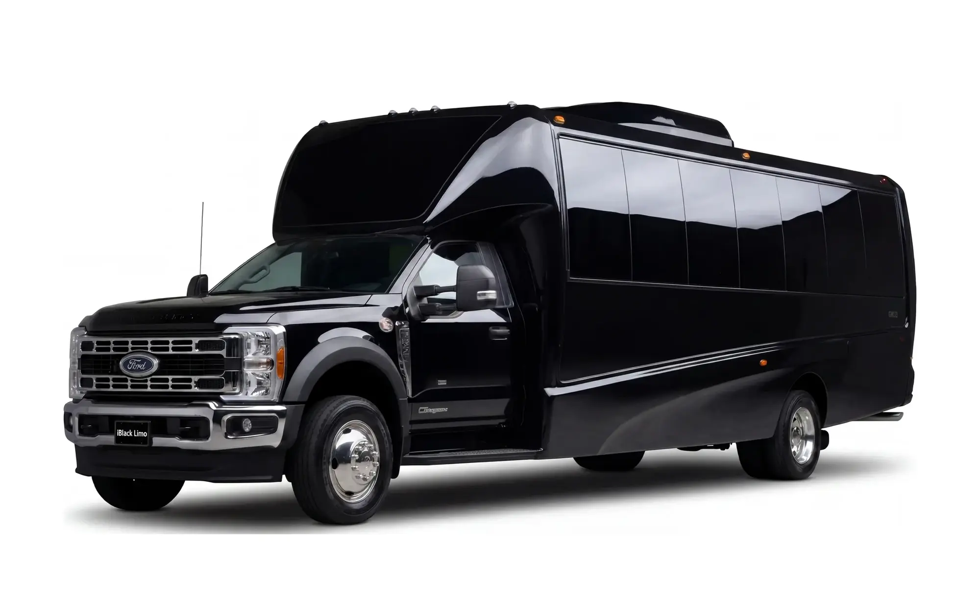 Black Grech Motors GM33 luxury mini coach, front three-quarter studio view on white