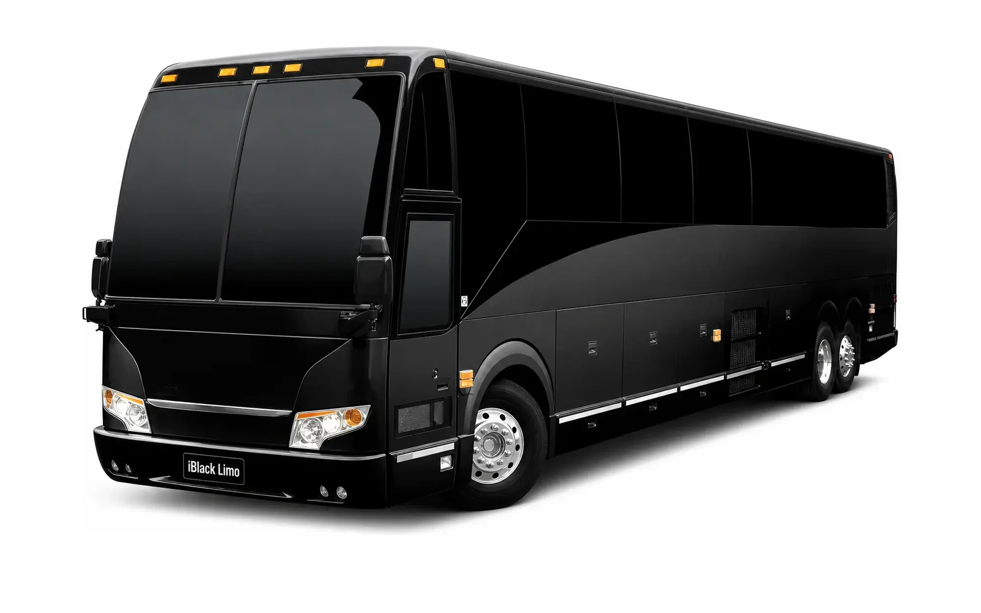 Black full-size luxury motor coach, front three-quarter studio view on white with iBlack Limo plate