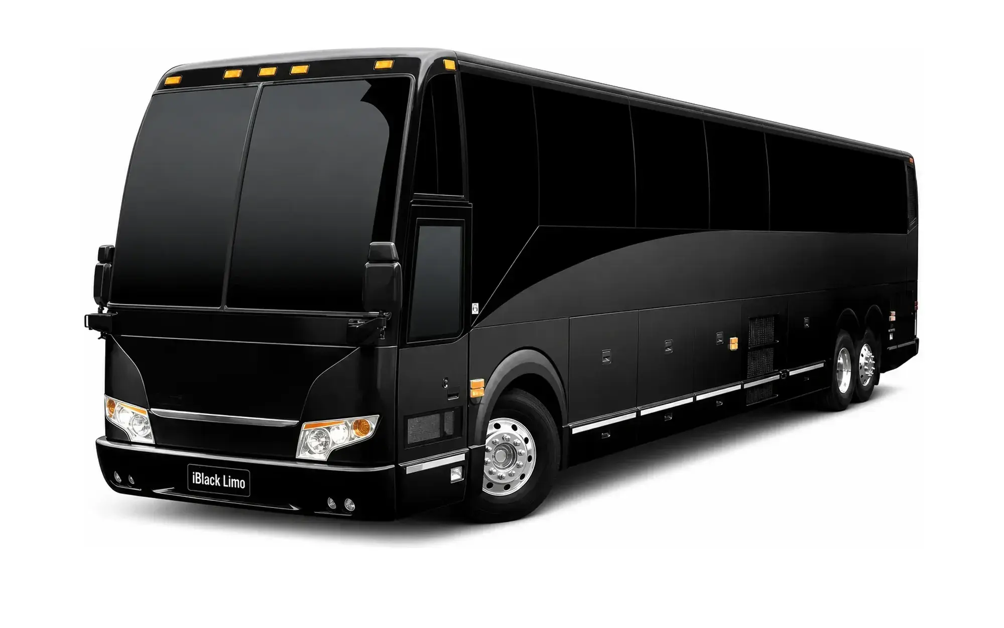 Black full-size luxury motor coach, front three-quarter studio view on white with iBlack Limo plate