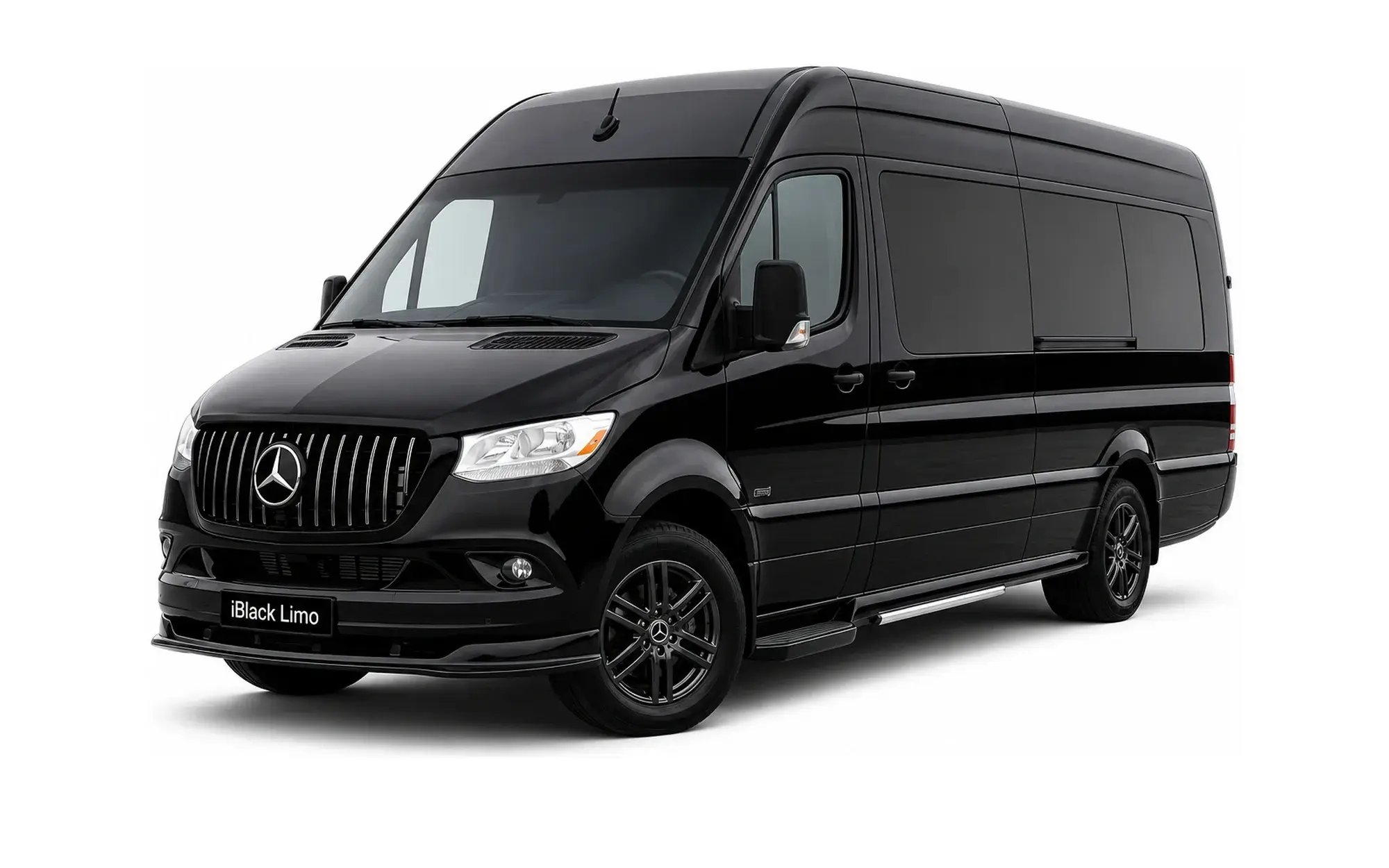 Black Mercedes-Benz Sprinter limousine van, front three-quarter studio view on white with iBlack Limo plate