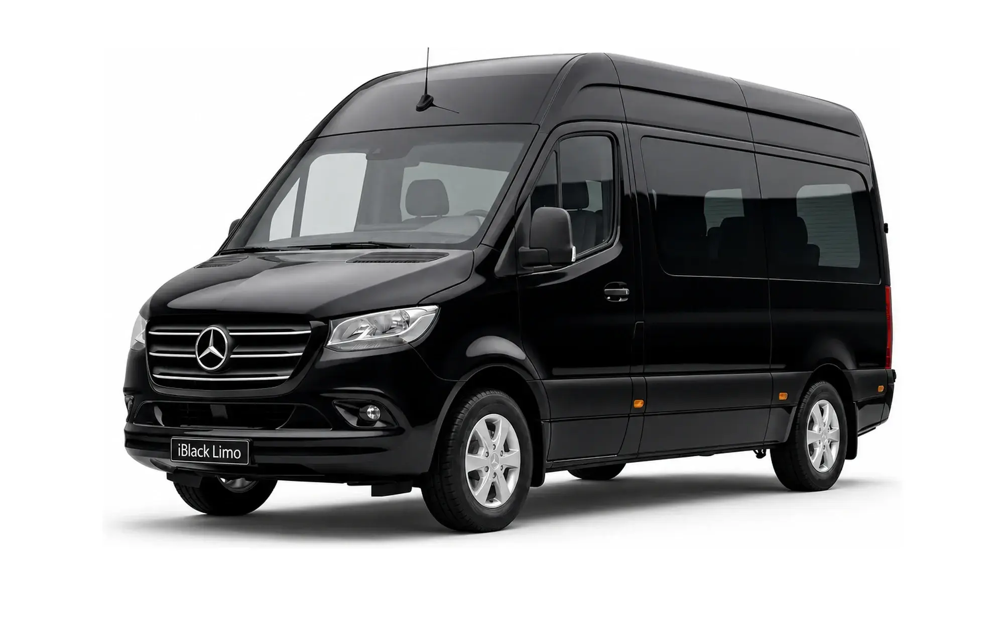 Black Mercedes-Benz Sprinter passenger van, front three-quarter studio view on white with iBlack Limo plate